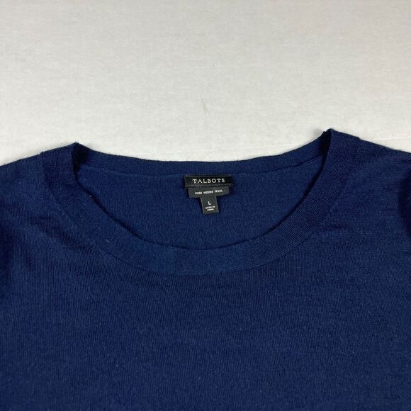 Talbots Merino Wool Classic Sweater Blue Ruffled 3/4 Sleeve Work Pullover LARGE - Picture 4 of 10